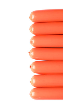 Tasty thin sausages on white backgroundの写真素材