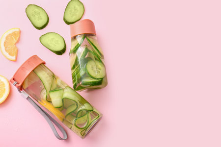 Sports bottles of infused water with cucumber slices on pink backgroundの写真素材