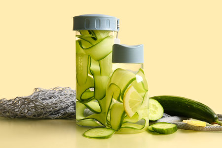 Sports bottles of infused water with cucumber slices and string bag on beige background