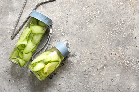 Sports bottles of infused water with cucumber slices on gray backgroundの写真素材