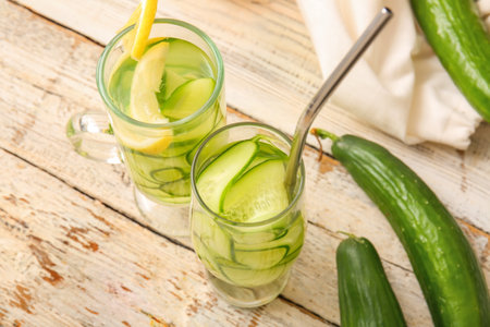Glasses of infused water with cucumber slices on white wooden tableの写真素材