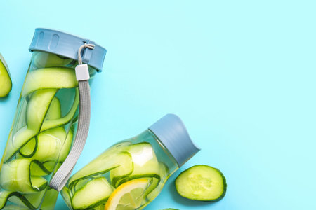 Sports bottles of infused water with cucumber slices on blue backgroundの写真素材