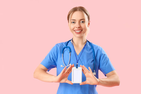 Female medical intern with badge on pink backgroundの写真素材