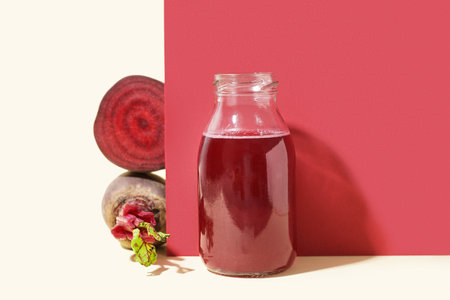 Bottle of healthy beet juice on colorful backgroundの写真素材