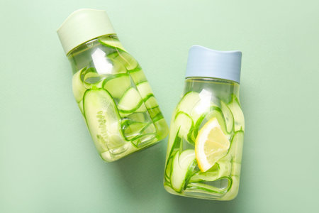 Sports bottles of infused water with cucumber slices on green backgroundの写真素材