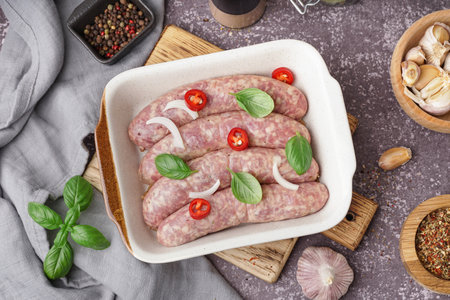 Baking dish with raw homemade sausages on grunge backgroundの写真素材