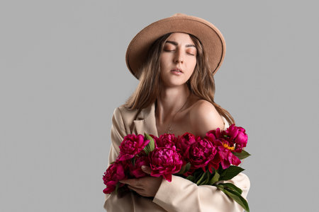 Beautiful young woman with bouquet of peony flowers on gray backgroundの写真素材