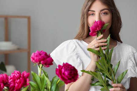 Beautiful young woman with bouquet of peony flowers in kitchenの写真素材
