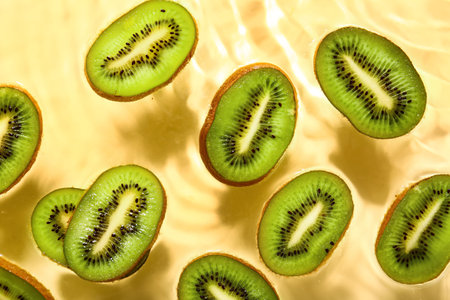 Slices of fresh kiwi in water on yellow background