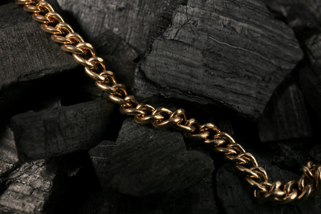 Beautiful chain necklace on black charcoal, closeup