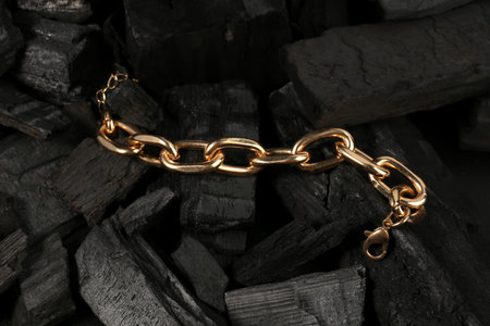 Beautiful chain bracelet on black charcoal, closeupの写真素材