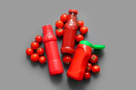 Bottles of ketchup and tomatoes on gray background