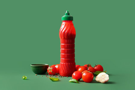Bottle of ketchup and tomatoes with peppercorn on green backgroundの写真素材