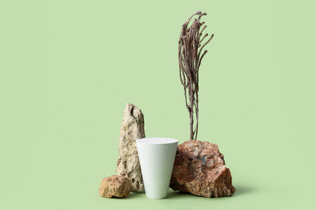 Decorative stone podiums with branches on green backgroundの写真素材