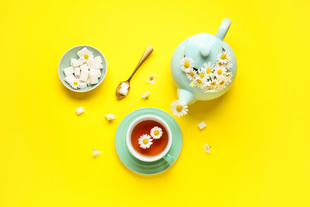 Teapot with cup of natural chamomile tea, sugar cubes and flowers on yellow backgroundの写真素材