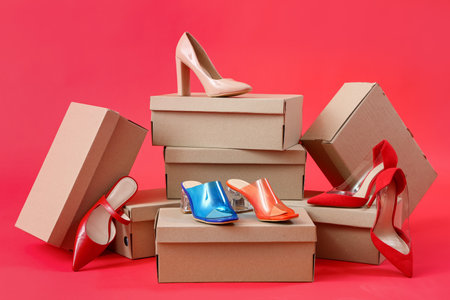 Cardboard boxes with different stylish high-heeled shoes on red backgroundの写真素材