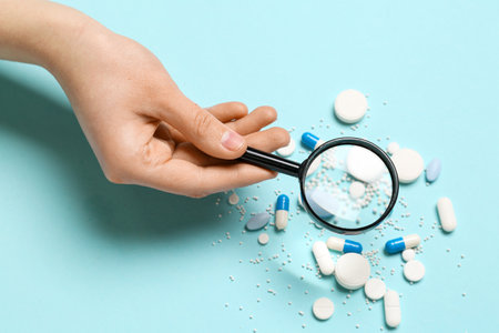 Female hand with magnifier and pills on blue backgroundの写真素材