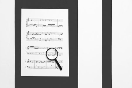 Magnifier with music sheet on black and white backgroundの写真素材