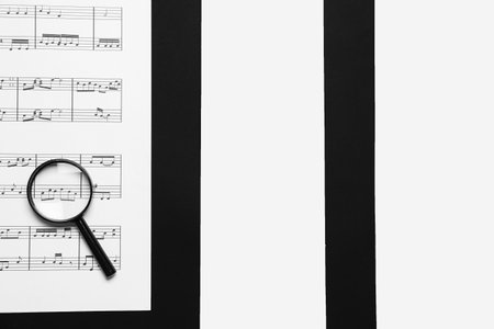 Magnifier with music sheet on black and white backgroundの写真素材