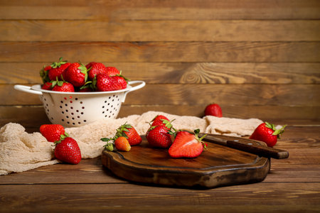 Colander and board with fresh strawberries on wooden backgroundの写真素材