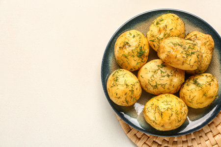 Plate of boiled baby potatoes with dill on white backgroundの写真素材