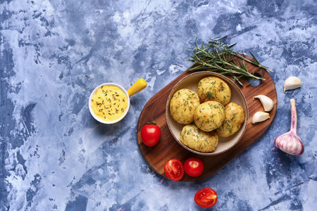 Bowl of boiled baby potatoes with dill and tomatoes on blue backgroundの写真素材