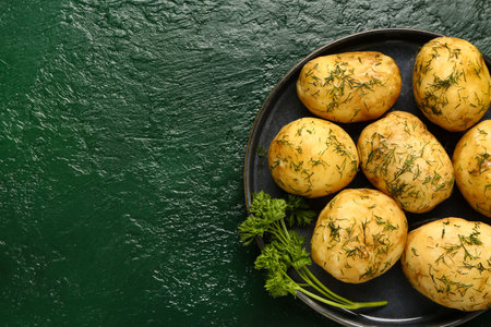 Plate of boiled baby potatoes with dill and parsley on green backgroundの写真素材