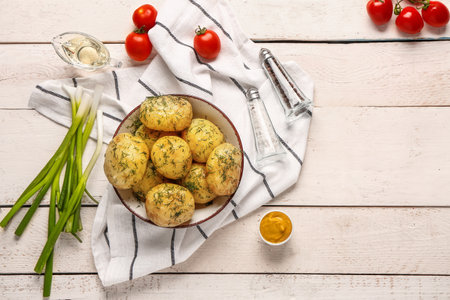 Plate of boiled baby potatoes with dill and tomatoes on white wooden backgroundの写真素材