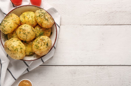 Plate of boiled baby potatoes with dill and tomatoes on white wooden backgroundの写真素材