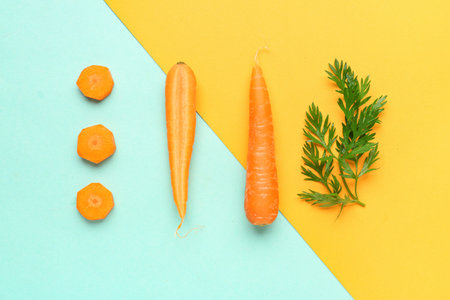 Fresh carrot and slices on colorful background