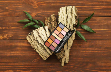 Palette of eyeshadows, tree bark and plant leaves on wooden backgroundの写真素材
