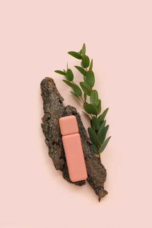 Lipstick, tree bark and eucalyptus branch on color backgroundの写真素材