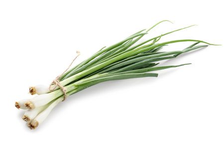 fresh green onion on white backgroundの写真素材