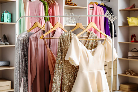 Rack with beautiful prom dresses in boutiqueの写真素材