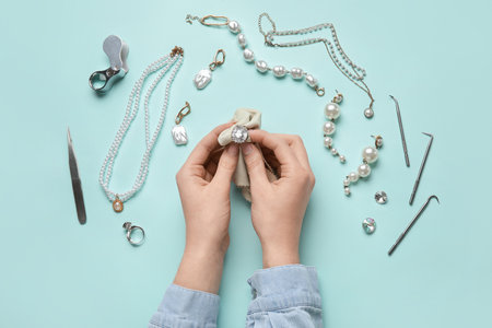 Female hands with beautiful jewelry and cleaning tools on color backgroundの写真素材