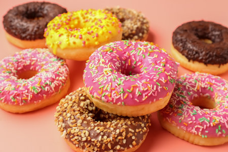 Sweet donuts on pink backgroundの写真素材