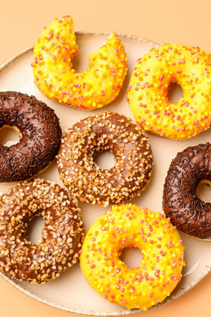 Plate with sweet donuts on beige backgroundの写真素材