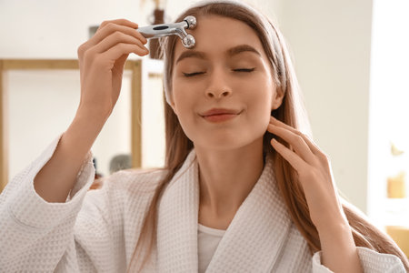 Young woman with facial massage tool in bathroom, closeupの写真素材