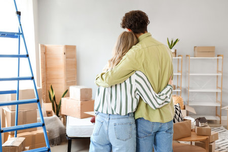 Young couple hugging in bedroom on moving day, back viewの写真素材