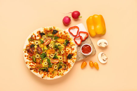 Board with vegetable pizza and ingredients on beige backgroundの写真素材