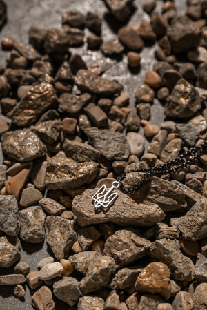 Chain with Ukrainian coat of arms and stones on dark backgroundの写真素材