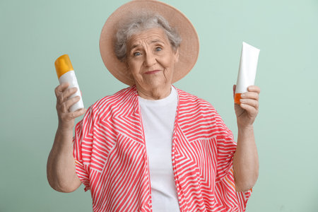 Senior woman with sunscreen cream on green backgroundの写真素材