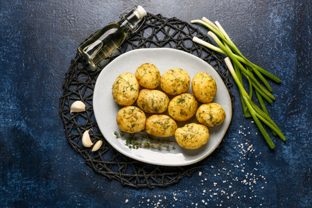 Plate of boiled baby potatoes with dill and green onion on blue backgroundの写真素材