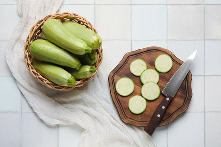 Wicker basket and wooden board with fresh zucchini on white tile backgroundの写真素材