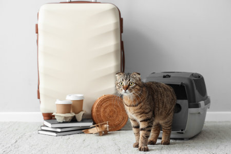 Scottish fold cat with carrier and travel accessories near light wallの写真素材