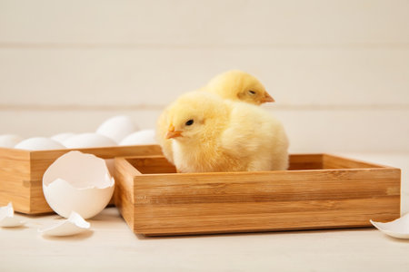 Wooden boxes with cute little chicks and eggs on white tableの写真素材