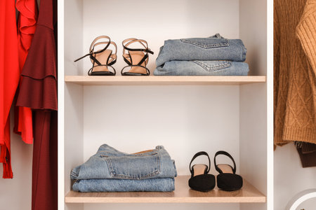 Shelves with stylish shoes and jeans in boutiqueの写真素材