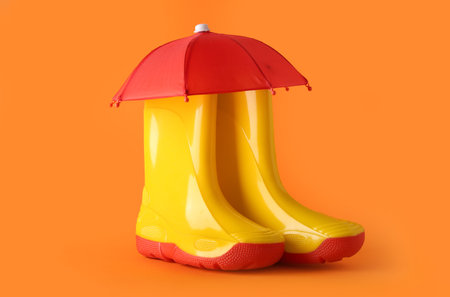 Creative composition with gumboots and mini umbrella on orange backgroundの写真素材