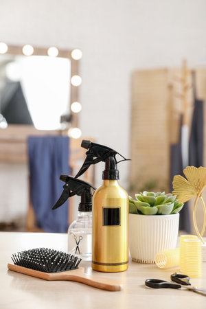 Different hairdressing tools on table in beauty salonの写真素材