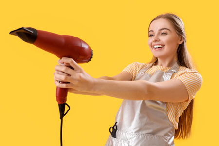 Female hairdresser with dryer on yellow backgroundの写真素材